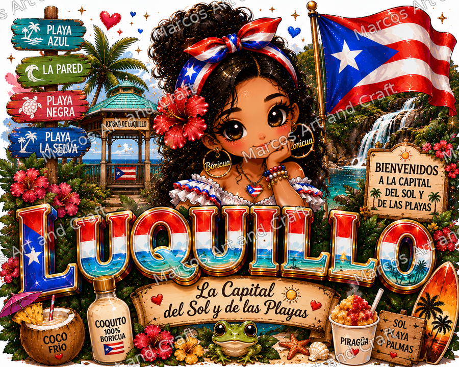 Diseño de Luquillo con muñequita boricua